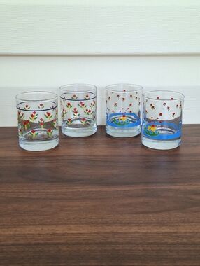 Vtg 80s Anchor Hocking 4 Miniature Floral/Tugboat 2" Juice Glasses Cottagecore